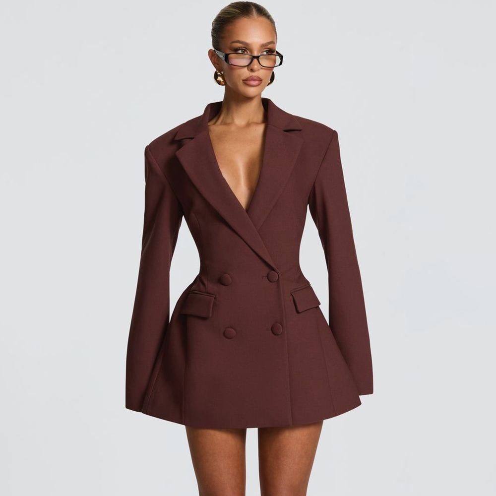 Women Formal Wear Blazer Set - Elegant Women's Brown Flared Blazer Dress