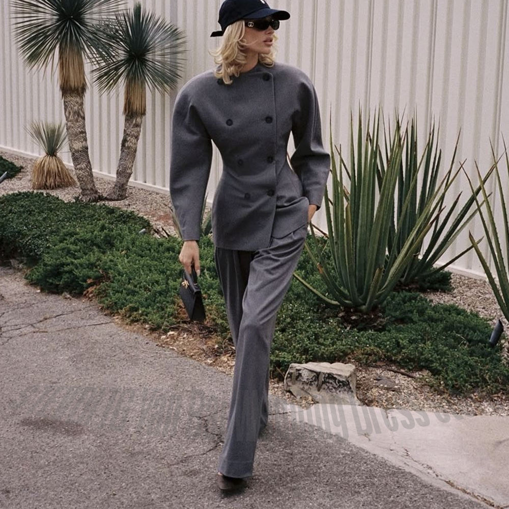 Women Formal Wear Blazer Set - Classic Grey Women's Suit Set Double