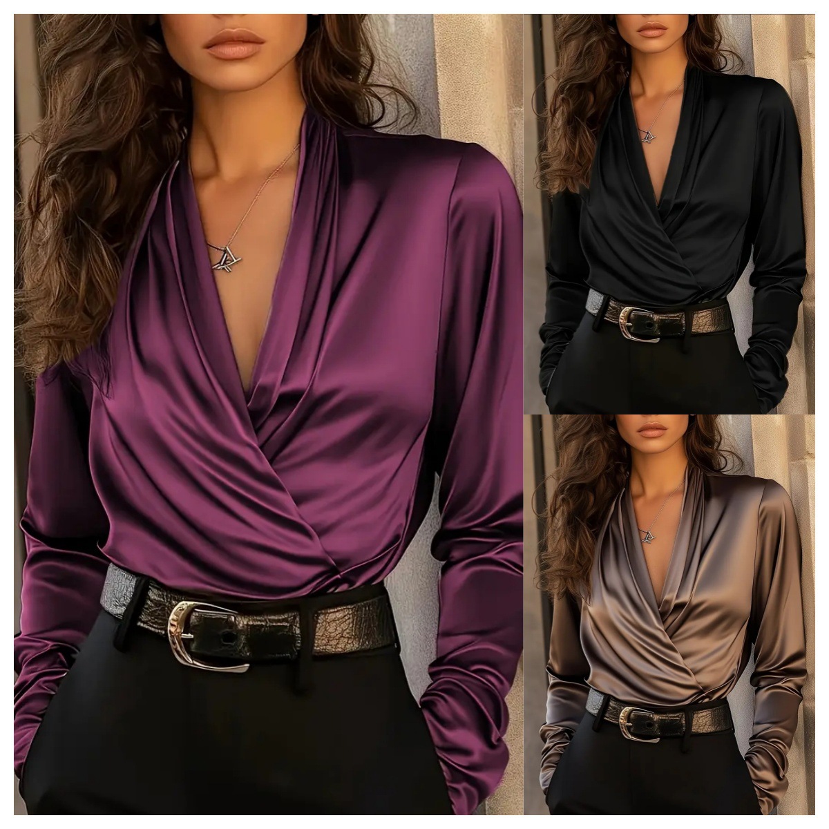 Women's Satin Wrap V Neck Long - Women Formal Blouses For Evening Wear reseña y precio