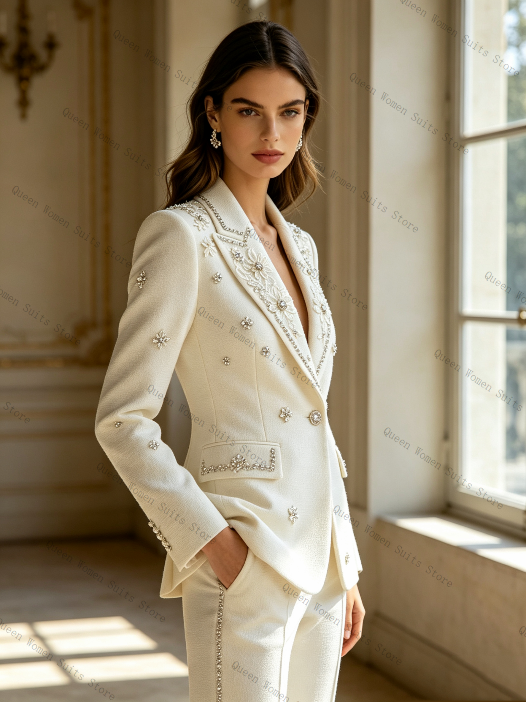 White Crystals Women Suit Set  - Women Formal Wear Blazer Set reseña y precio