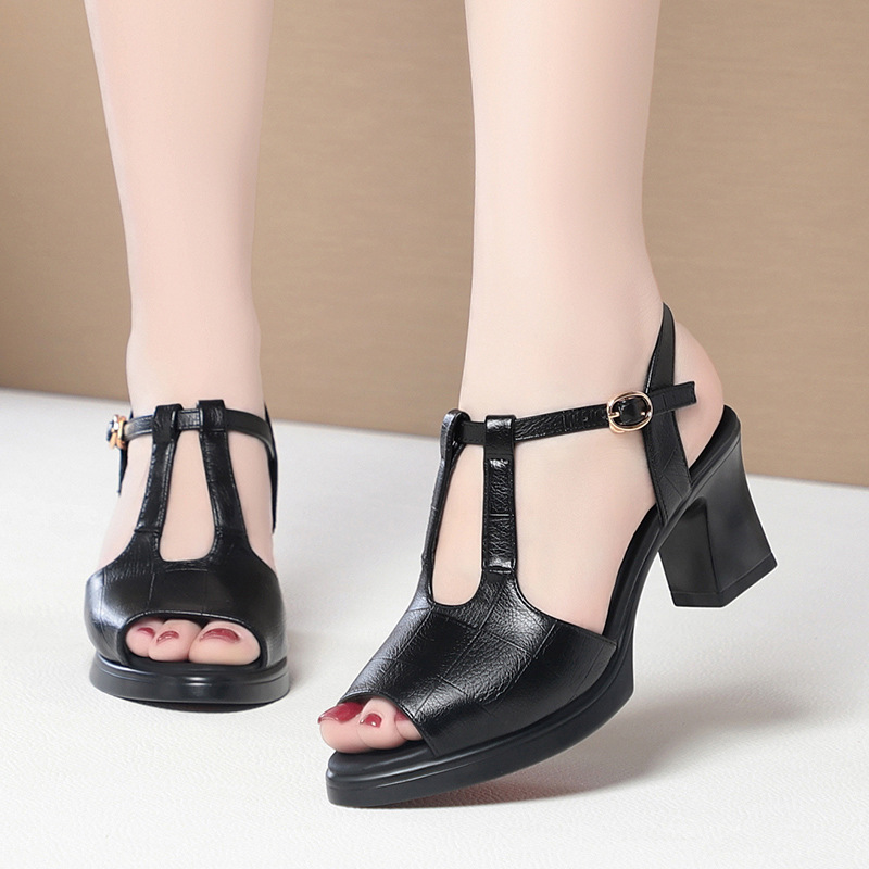 Black Leather T-Strap Peep Toe - Formal Women Daily Wear Sandals reseña y precio