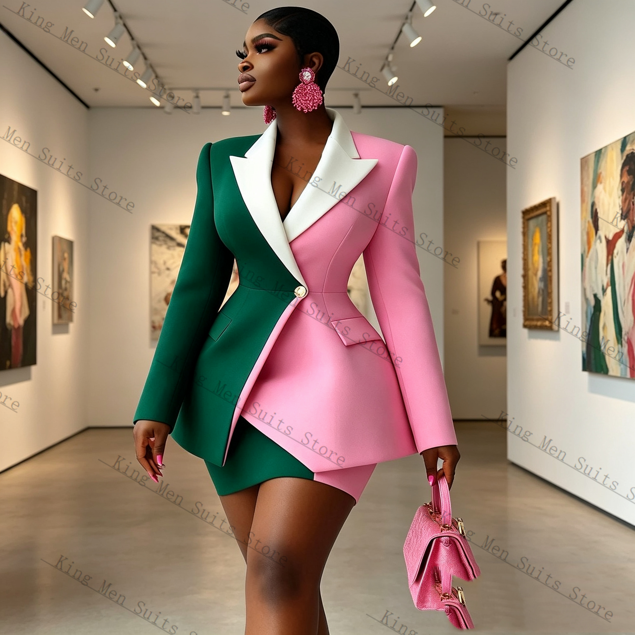 Pink Green Women Suit Skirt Se - Women Formal Wear Blazer Set reseña y precio