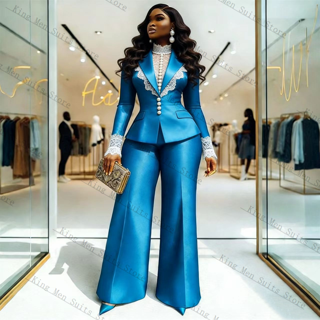 Blue Satin Lace Women Suit Set - Women Formal Wear Blazer Set reseña y precio
