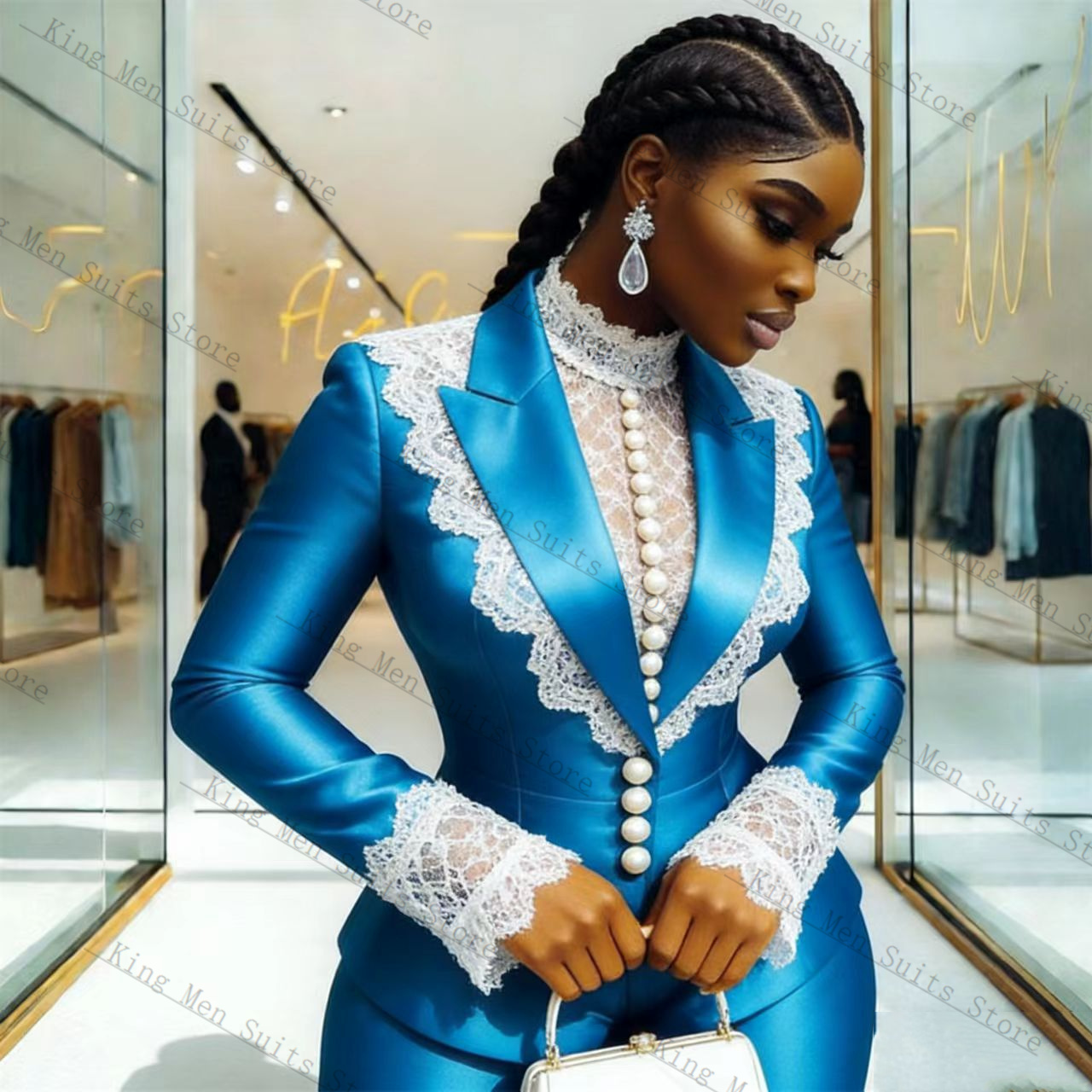 Blue Satin Lace Women Suit Set - Women Formal Wear Blazer Set reseña y precio