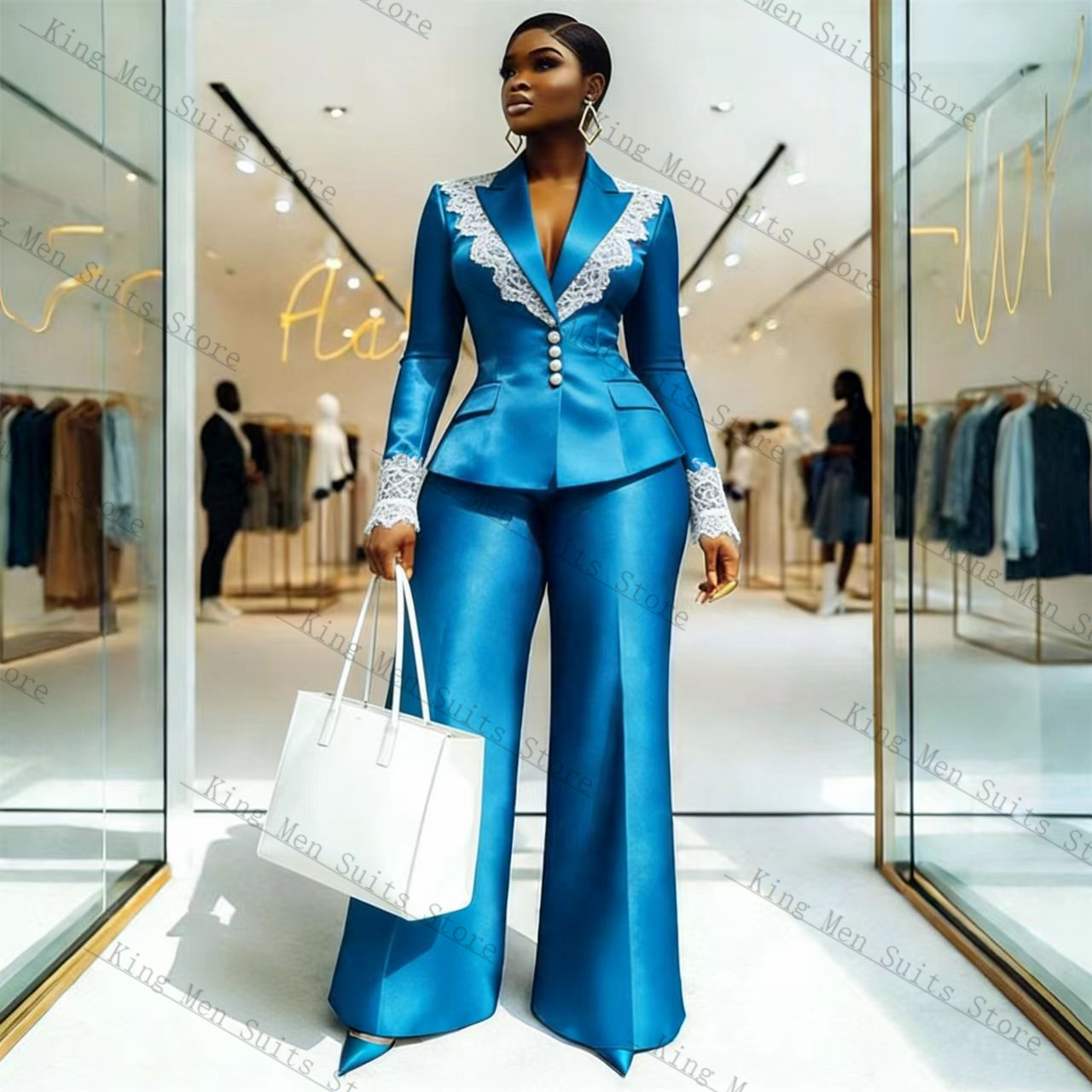 Blue Satin Lace Women Suit Set - Women Formal Wear Blazer Set reseña y precio
