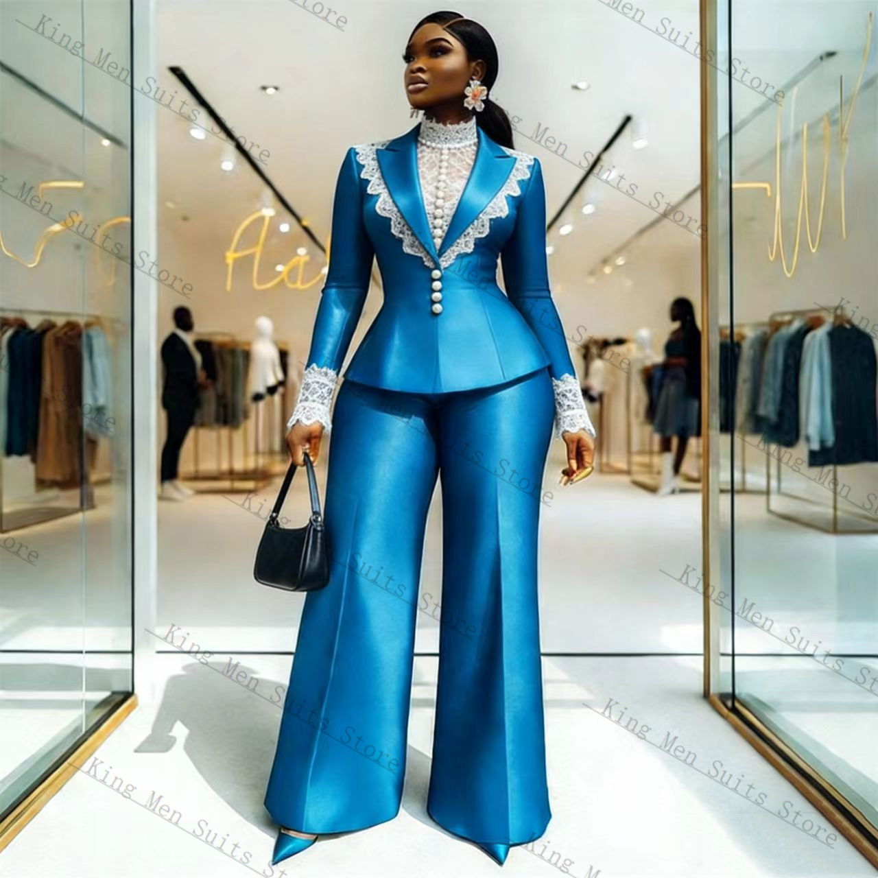 Blue Satin Lace Women Suit Set - Women Formal Wear Blazer Set reseña y precio
