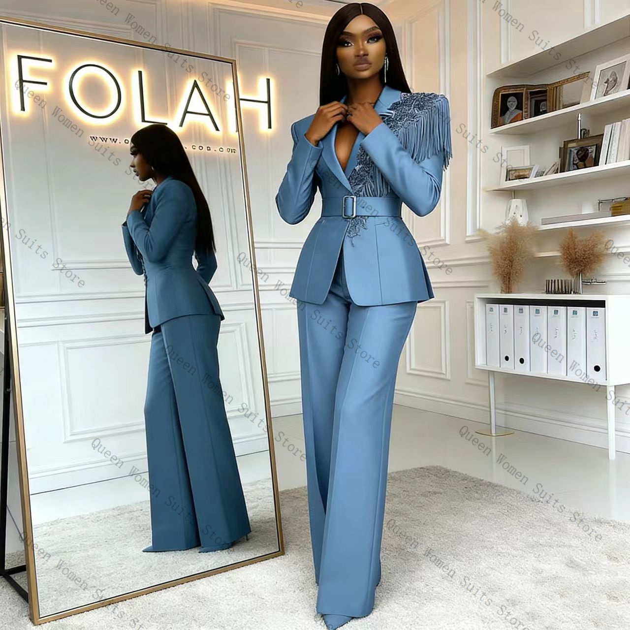 Tassel Blue Women Suit Pants S - Women Formal Wear Blazer Set reseña y precio