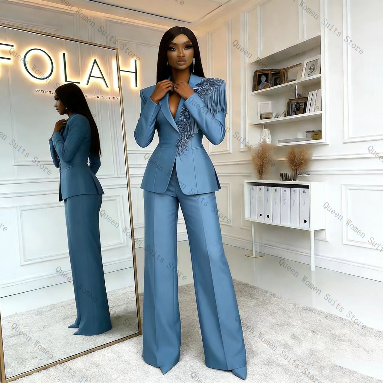 Tassel Blue Women Suit Pants S - Women Formal Wear Blazer Set reseña y precio