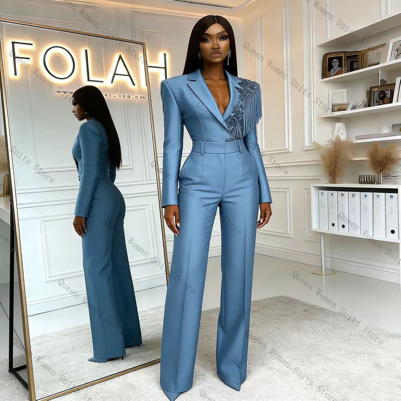 Tassel Blue Women Suit Pants S - Women Formal Wear Blazer Set reseña y precio