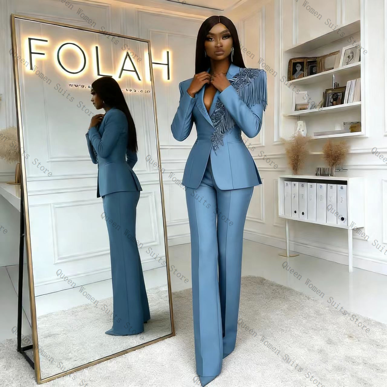 Tassel Blue Women Suit Pants S - Women Formal Wear Blazer Set reseña y precio