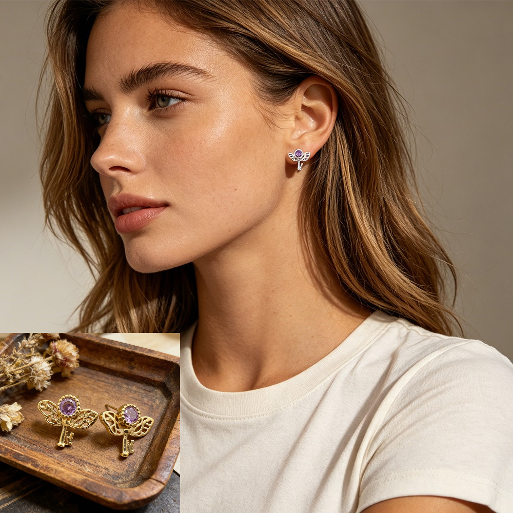 Retro Key Amethyst Stud Earrin - Women Formal Wear For Meeting reseña y precio